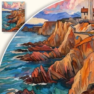 Obraz Latarnia morska na klifie o zachodzie słońca