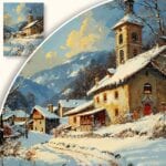 Obraz Zimowy pejzaż z kościołem w górskiej wiosce