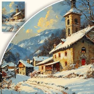 Obraz Zimowy pejzaż z kościołem w górskiej wiosce