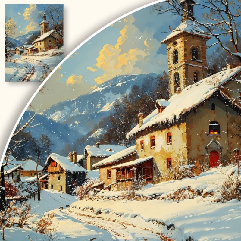 Obraz Zimowy pejzaż z kościołem w górskiej wiosce