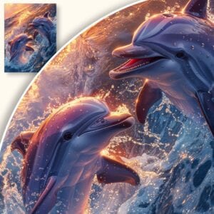 Plakat Skaczące delfiny o zachodzie słońca