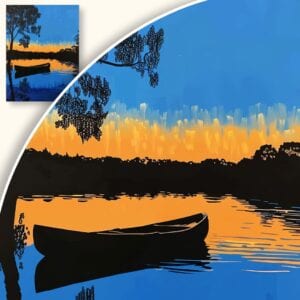 Plakat Spokojne jezioro z łódką o zachodzie słońca