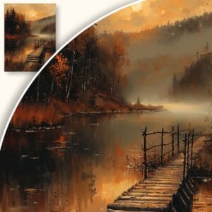 Obraz Zachód słońca nad jeziorem z mostkiem