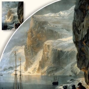 Obraz Zimowy Krajobraz w Górach ze Statkami i Ludźmi