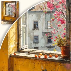 Obraz Widok z okna na kwitnące drzewa