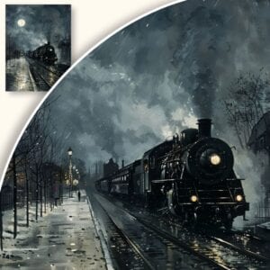 Obraz Pociąg parowy w nocnej zimowej scenerii