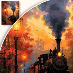 Obraz Jesienny pociąg w świetle latarni