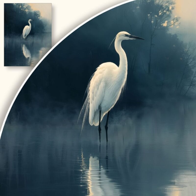 Plakat Czapla w mglistym jeziorze