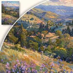 Obraz Malowniczy krajobraz ze wzgórzami i kwiatami