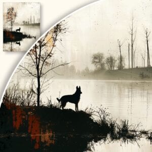 Plakat Pies przy jeziorze w jesiennym krajobrazie