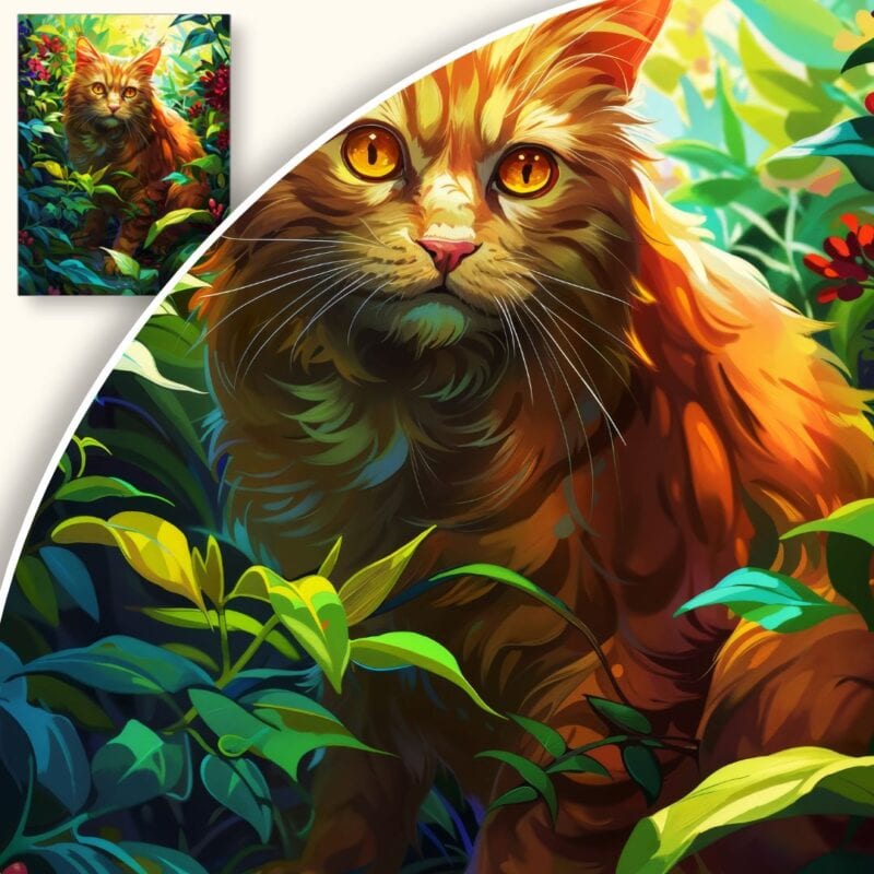 Plakat Pomarańczowy kot w gąszczu zieleni