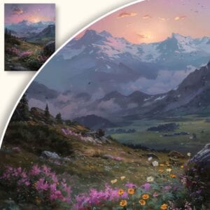 Plakat Górski zachód słońca z kwiatami