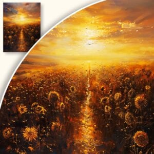 Obraz Zachód słońca nad polem słoneczników