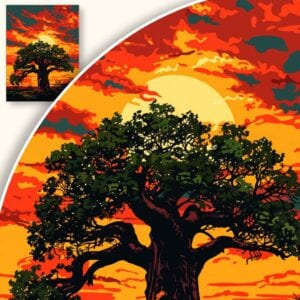 Plakat Zachód słońca nad drzewem