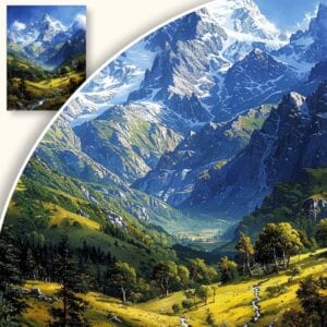 Plakat Górski pejzaż z zieloną doliną