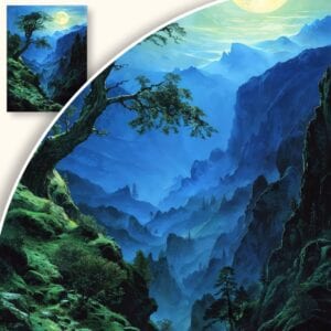 Plakat Tajemniczy krajobraz górski z księżycem