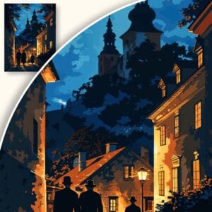 Obraz Nocna uliczka z wieżami i spacerującymi ludźmi