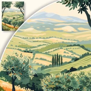 Plakat Śródziemnomorski krajobraz z gajami oliwnymi