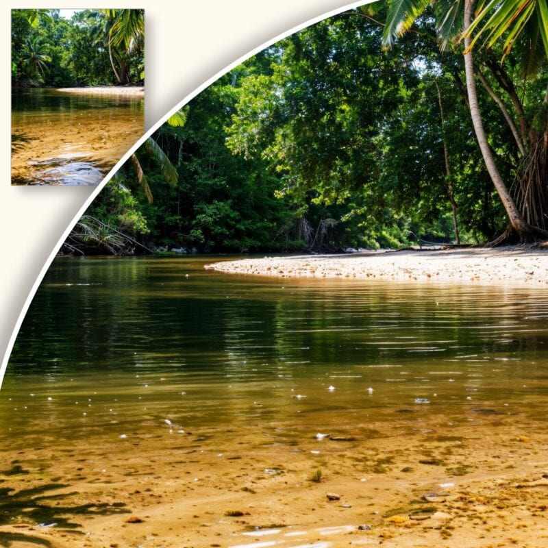 Plakat Tropikalny zakątek z rzeką i palmami