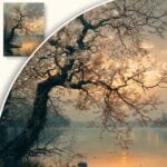 Obraz Samotne drzewo nad jeziorem o zachodzie słońca