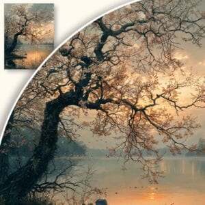 Obraz Samotne drzewo nad jeziorem o zachodzie słońca