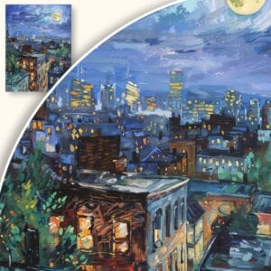 Obraz Nocny pejzaż miejski z księżycem