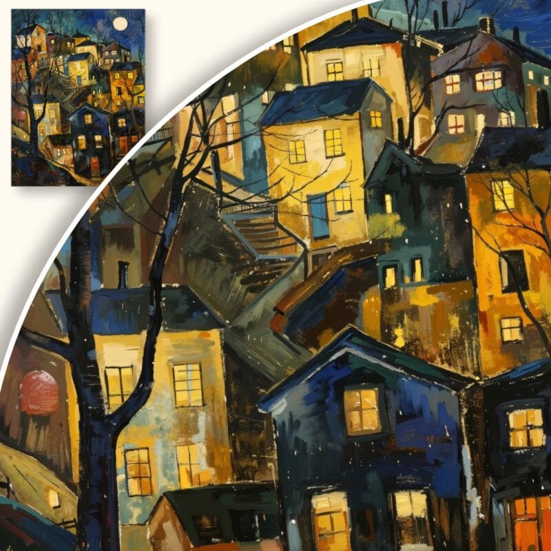 Obraz Nocne domy na wzniesieniu