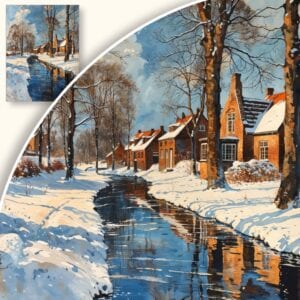 Obraz Zimowy pejzaż wiejski nad rzeką