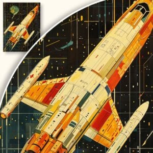 Plakat Retro-futurystyczna wizja rakiety w kosmosie