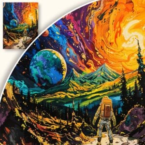 Plakat Astronauta na surrealistycznym krajobrazie