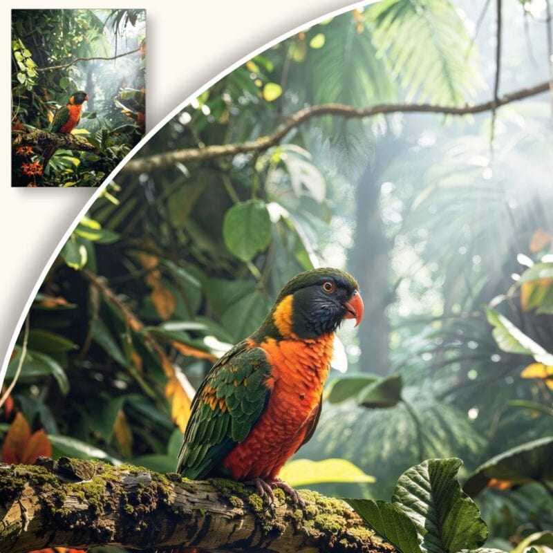 Plakat Papuga na gałęzi w dżungli