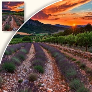 Plakat Zachód słońca nad polem lawendy