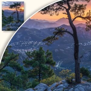 Plakat Drzewo na tle górskiego zachodu słońca