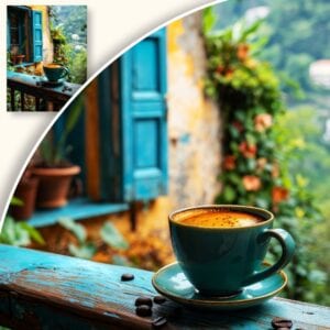 Plakat Kawa na balustradzie z malowniczym tłem