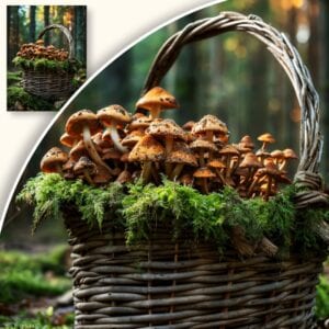 Plakat Kosz pełen grzybów w leśnym otoczeniu