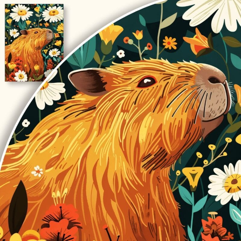 Plakat Kapibara wśród kwiatów