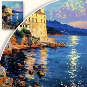 Obraz Nadmorski dom o zachodzie słońca