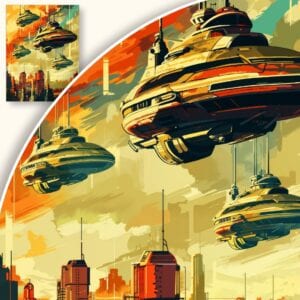 Plakat Futurystyczne Miasto i Statki Kosmiczne