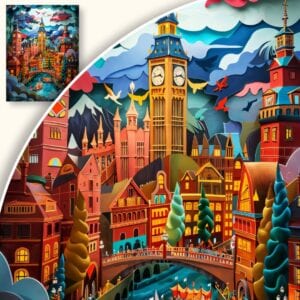 Plakat Fantazyjne miasto z wieżami i portem