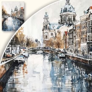 Plakat Zimowy pejzaż miejski z kanałem