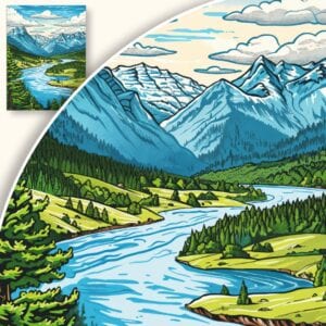 Plakat Malowniczy krajobraz górski z rzeką i lasem