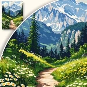 Plakat Ścieżka przez kwitnącą łąkę w górach