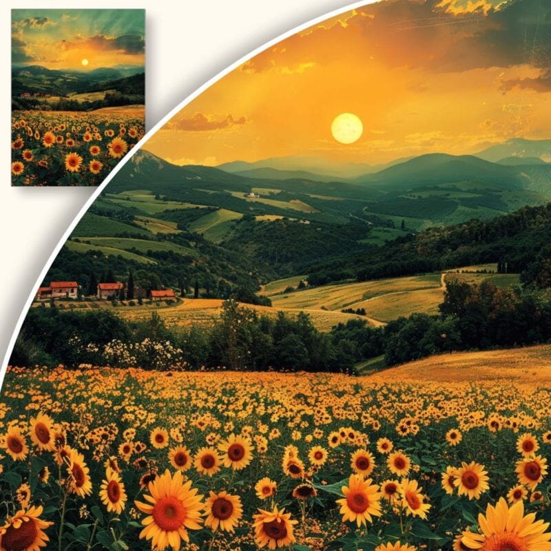 Obraz Sielankowy krajobraz słoneczników o zachodzie słońca