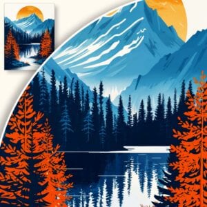 Plakat Górski widok z rzeką i lasem