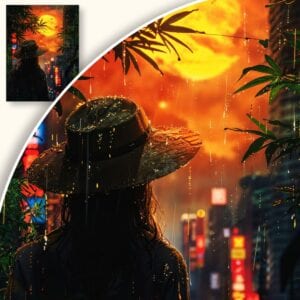 Plakat Tajemnicza postać w deszczu z neonowym miastem