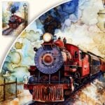 zb3-927-3n Obraz Czerwony Parowóz w Malowniczym Krajobrazie