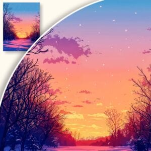 Plakat Zimowy krajobraz o zachodzie słońca