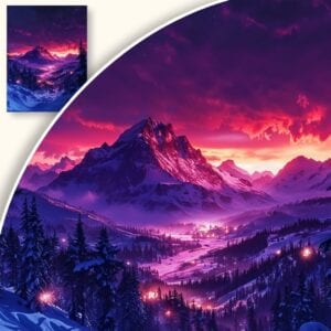 Plakat Zachód Słońca nad Ośnieżonymi Górami