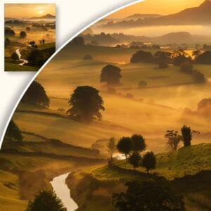 Plakat Wschód słońca nad zielonymi polami