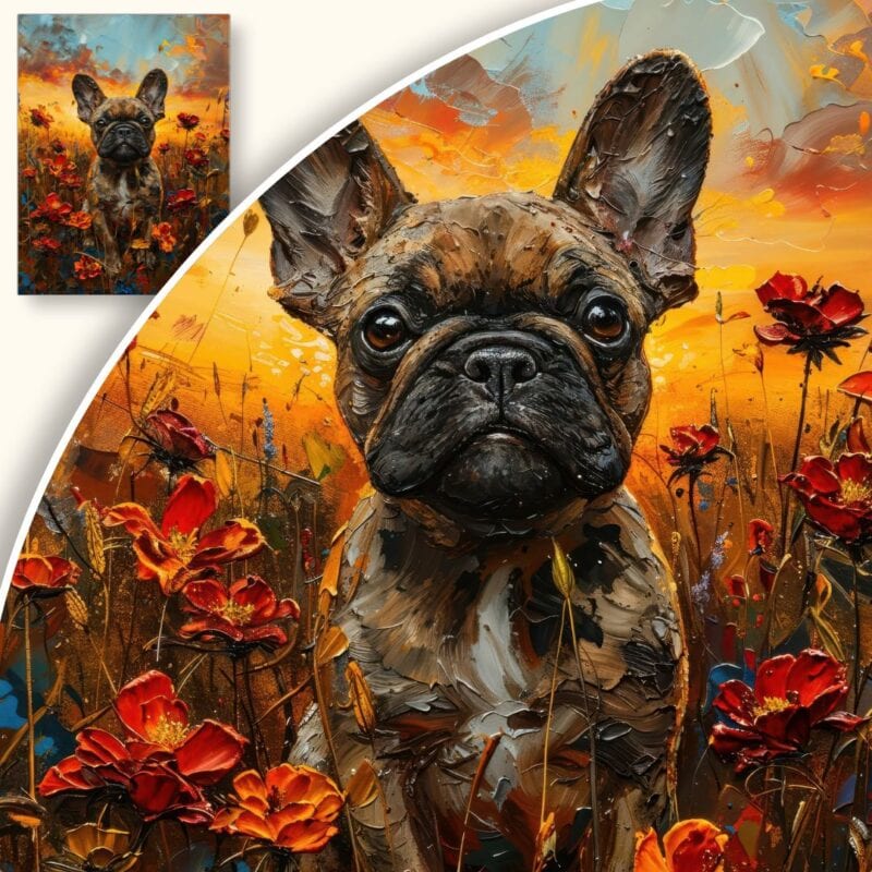 Obraz Buldog francuski w polu kwiatów przy zachodzie słońca